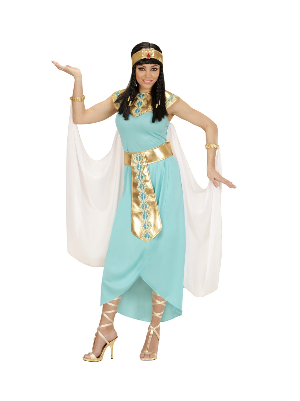 Déguisement Reine Egyptienne bleu Femme (robe, ceinture, col, manchettes, coiffe, cape)