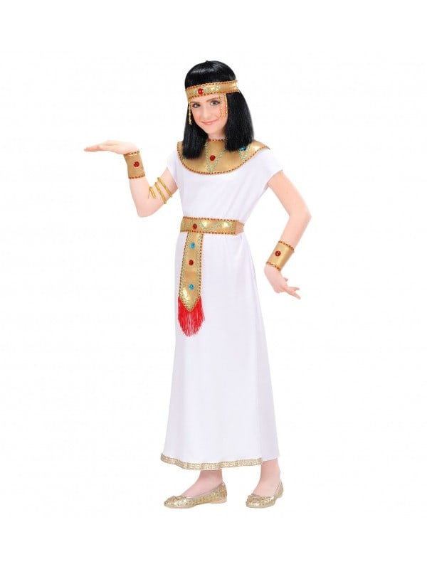 Déguisement Cléopâtre enfant blanc (tunique, ceinture, collar, bracelets, bracelet avec serpent, coiffe)