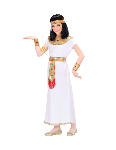 Déguisement Cléopâtre enfant blanc (tunique, ceinture, collar, bracelets, bracelet avec serpent, coiffe)
