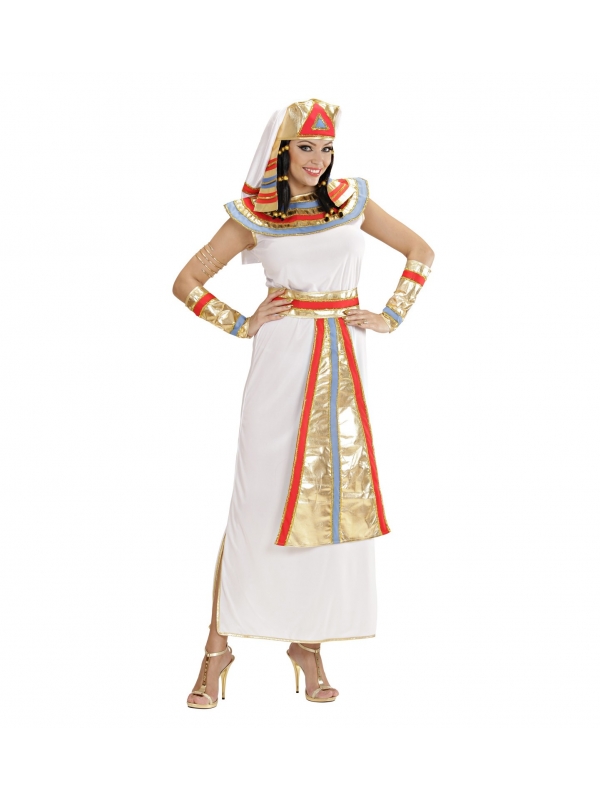 Déguisement Egypte femme blanc et or (robe, ceinture, bracelets, coiffe)