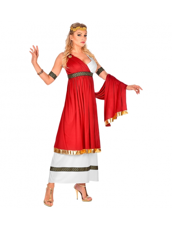 Déguisement Impératrice Romaine rouge (robe avec drapé, bracelets, couronne de laurier)