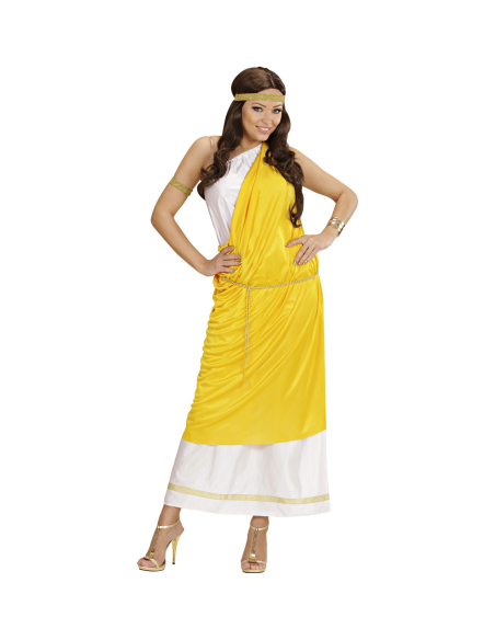 Déguisement Romaine femme  jaune et blanc (toge, ceinture, bandeau, bracelet)