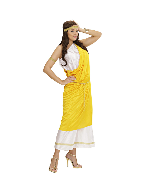 Déguisement Romaine femme  jaune et blanc (toge, ceinture, bandeau, bracelet)
