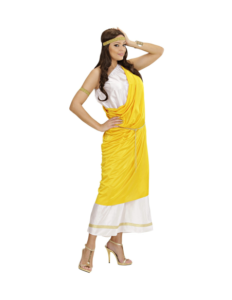 Déguisement Romaine femme  jaune et blanc (toge, ceinture, bandeau, bracelet)