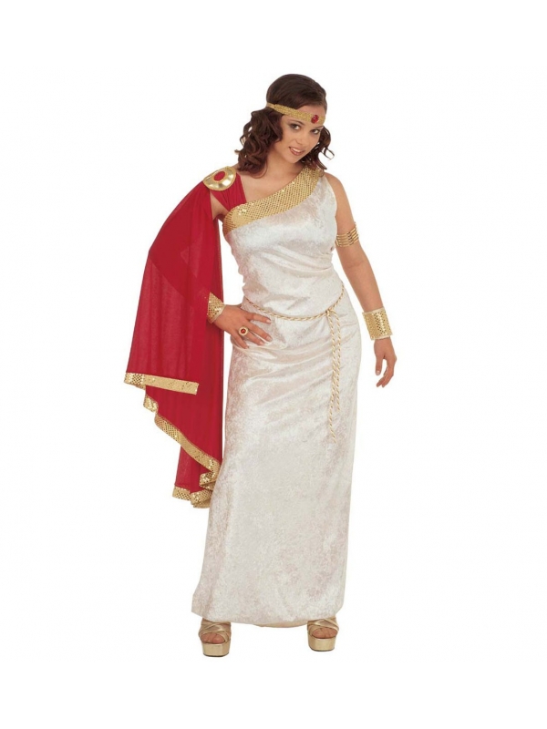 Déguisement Romaine blanc et rouge (robe avec toge, ceinture, bracelets, bande avec gemme)