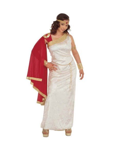 Déguisement Romaine blanc et rouge (robe avec toge, ceinture, bracelets, bande avec gemme)