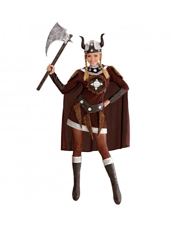 Déguisement Viking Femme marron (robe, ceinture, casque, sur-bottes, cape)