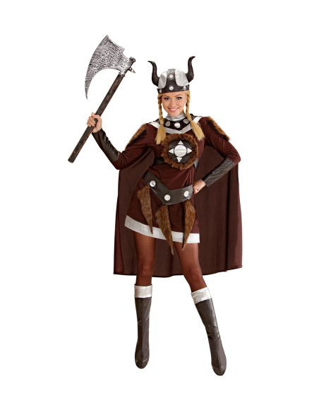 Déguisement Viking Femme marron (robe, ceinture, casque, sur-bottes, cape)