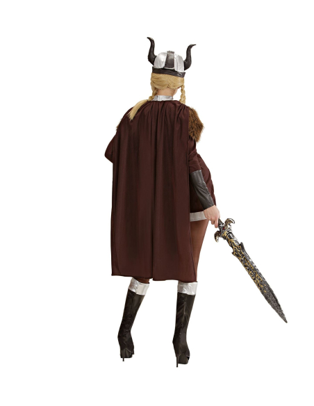 Déguisement Viking Femme marron (robe, ceinture, casque, sur-bottes, cape)