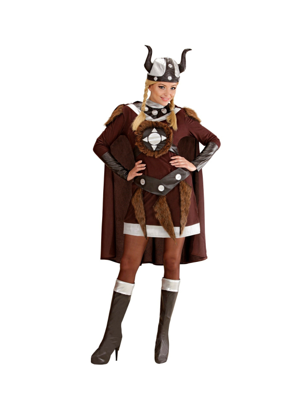 Déguisement Viking Femme marron (robe, ceinture, casque, sur-bottes, cape)