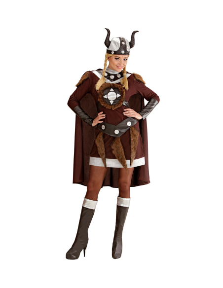 Déguisement Viking Femme marron (robe, ceinture, casque, sur-bottes, cape)
