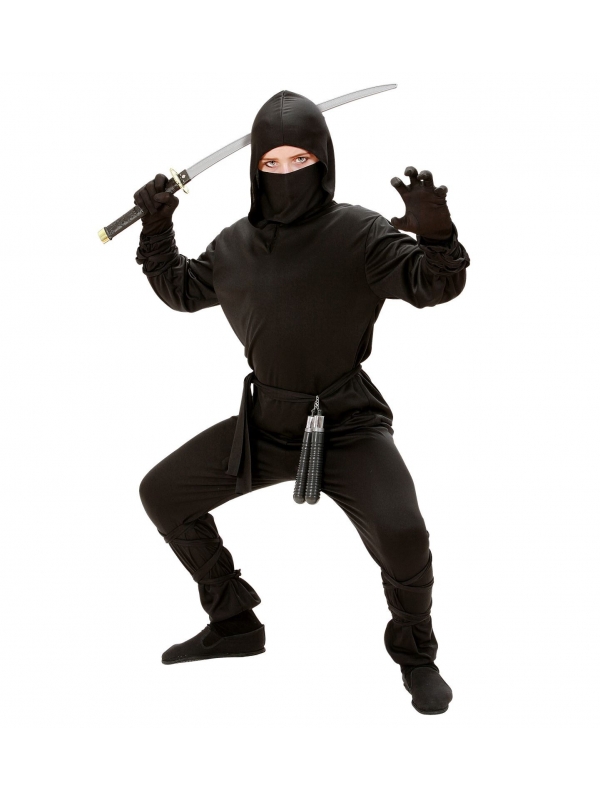 Déguisement Ninja enfant noir (casaque avec capuche, pantalon, ceinture, masque, bandes pour bras et jambes)
