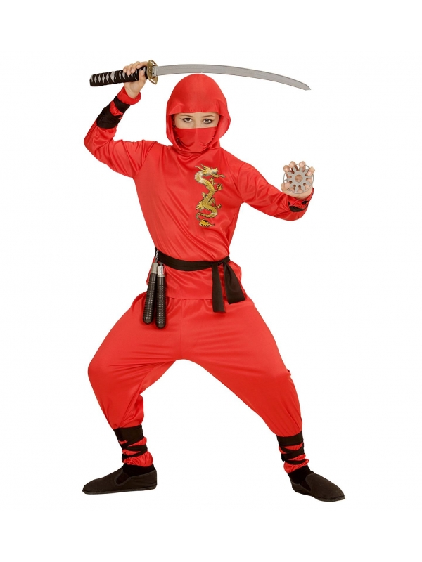 Déguisement Ninja dragon, rouge, enfant (veste à capuche, pantalon, ceinture, masque, liens pour les bras et les jambes)