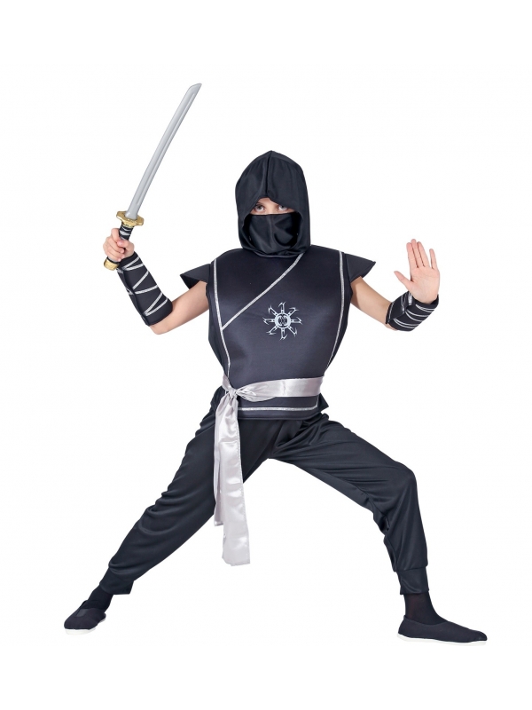 Déguisement Ninja garçon noir et gris (gilet avec armure, pantalon, ceinture, coudières, cagoule)