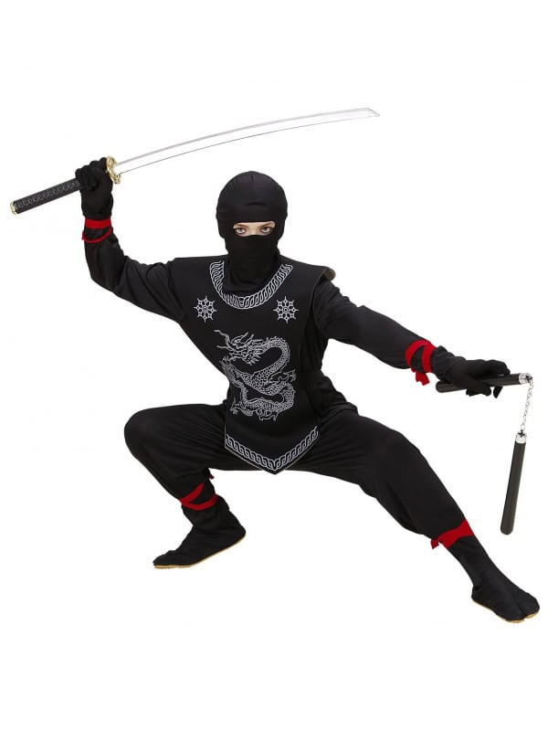Déguisement Ninja enfant, noir (casaque avec liens, pantalon avec liens, cuirasse, cagoule)