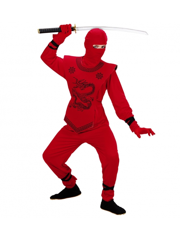 Déguisement Ninja rouge enfant (casaque avec liens, pantalon avec liens, cuirasse, cagoule)