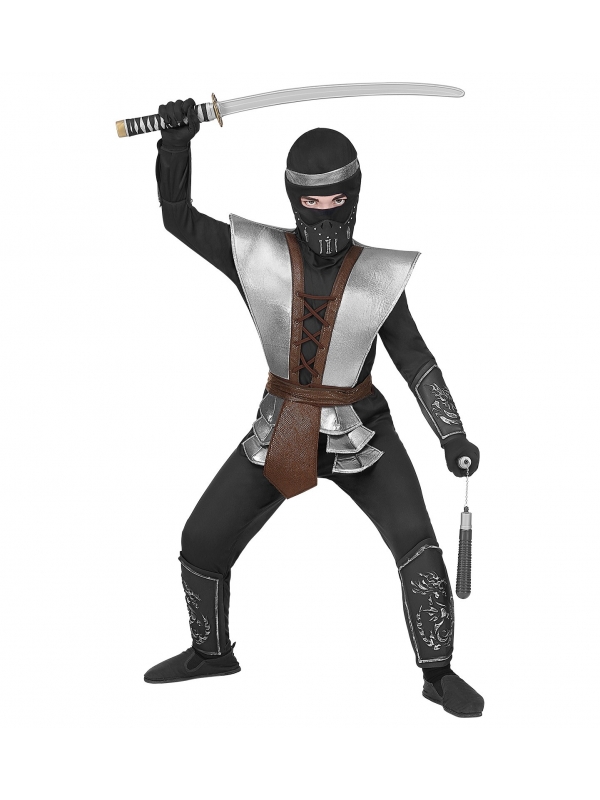 Costume NINJA  (haut, pantalon, tabard, ceinture, protège-bras, protège-jambes, cagoule)