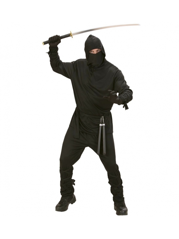Déguisement Ninja Adulte (casaque avec capuche, pantalon, ceinture, masque, bandes pour bras et jambes)