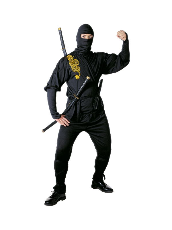 Déguisement Ninja noir homme (haut, pantalon, ceinture, bandes pour les jambes, cagoule)