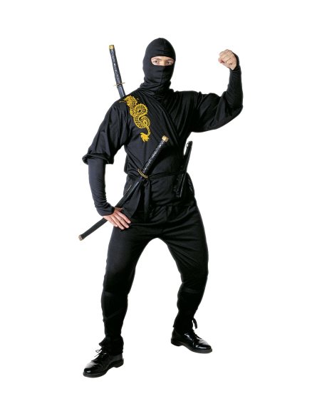 Déguisement Ninja noir homme (haut, pantalon, ceinture, bandes pour les jambes, cagoule)