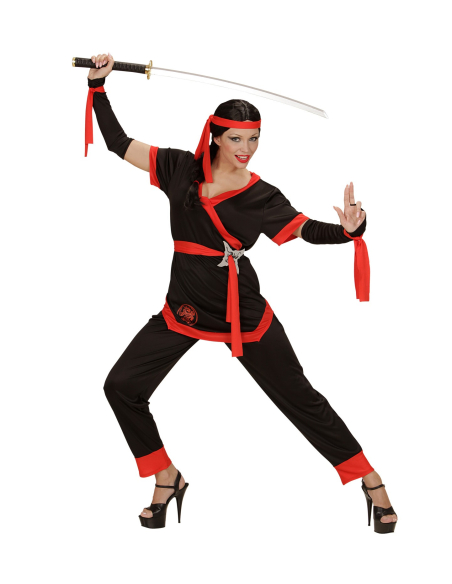 Déguisement Ninja femme rouge et noir (veste, pantalon, ceinture, gants sans doigts, lacets, bandeau)