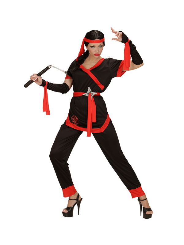 Déguisement Ninja femme rouge et noir (veste, pantalon, ceinture, gants sans doigts, lacets, bandeau)