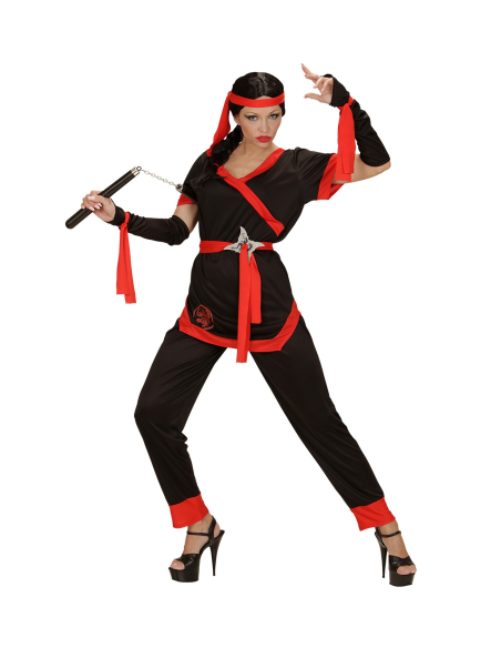 Déguisement Ninja femme rouge et noir (veste, pantalon, ceinture, gants sans doigts, lacets, bandeau)