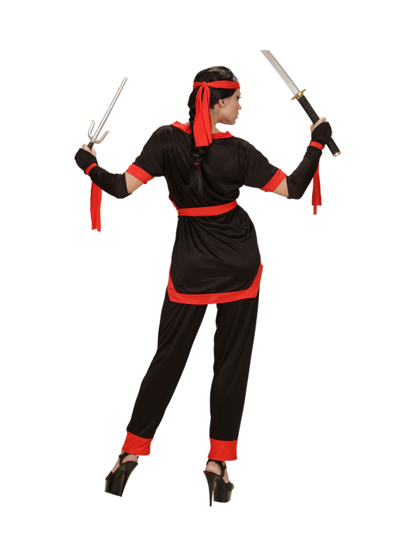 Déguisement Ninja femme rouge et noir (veste, pantalon, ceinture, gants sans doigts, lacets, bandeau)