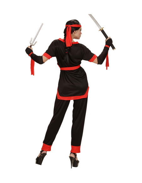 Déguisement Ninja femme rouge et noir (veste, pantalon, ceinture, gants sans doigts, lacets, bandeau)