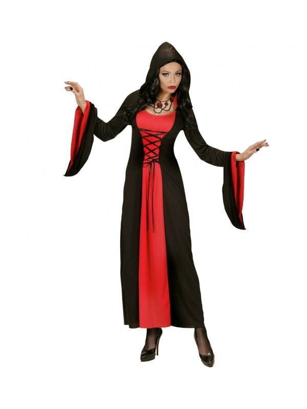 Déguisement Gothique femme rouge et noir (robe à capuche)