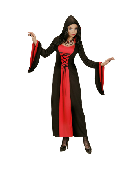 Déguisement Gothique femme rouge et noir (robe à capuche)