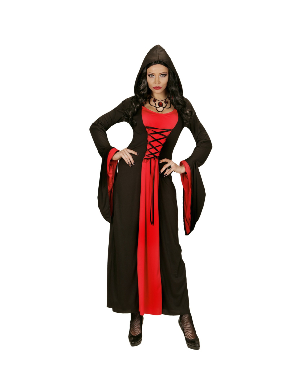 Déguisement Gothique femme rouge et noir (robe à capuche)