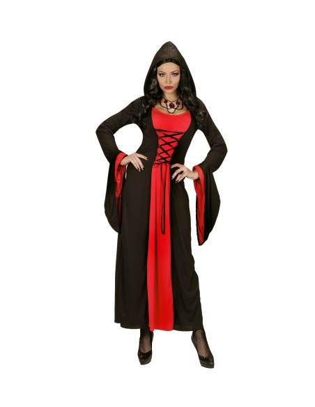 Déguisement Gothique femme rouge et noir (robe à capuche)