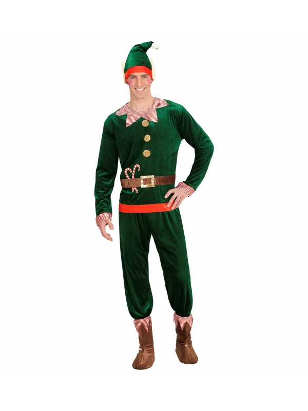 Déguisement Assistant du Père Noël Homme, rouge et vert (veste, pantalon, sur-chaussures, bonnet avec oreilles)
