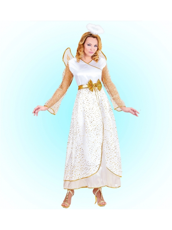 Déguisement Ange femme blanc et doré (robe, ailes, auréole)