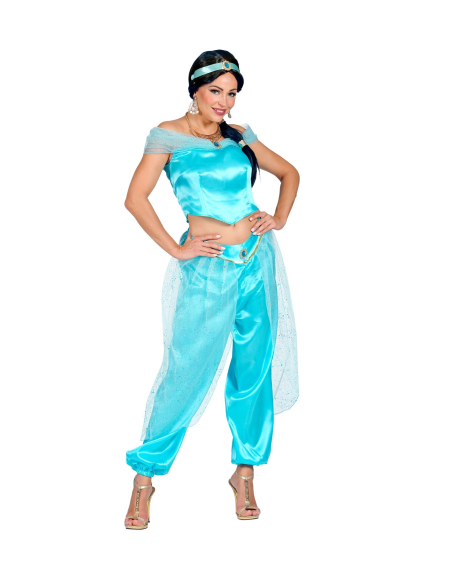 Déguisement Princesse Arabe bleu Femme (haut, pantalon, bandeau)