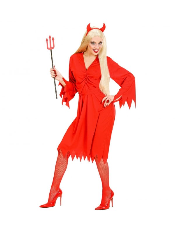 Déguisement Démon femme rouge (robe, ceinture, cornes)