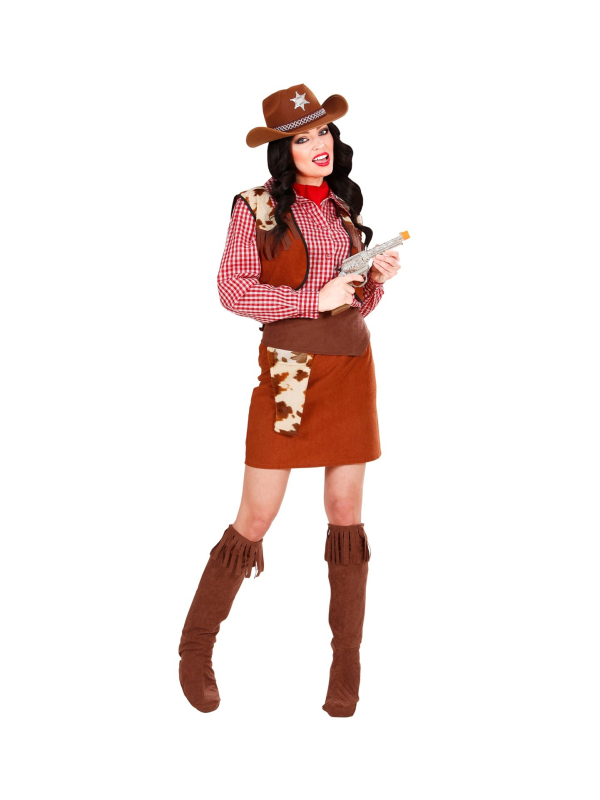 Déguisement Cowgirl femme (chemise, gilet, jupe, ceinture avec étui, sur-bottes, bandana)