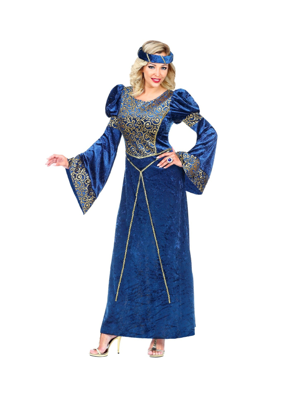 Costume Renaissance femme, bleu (robe, coiffe)