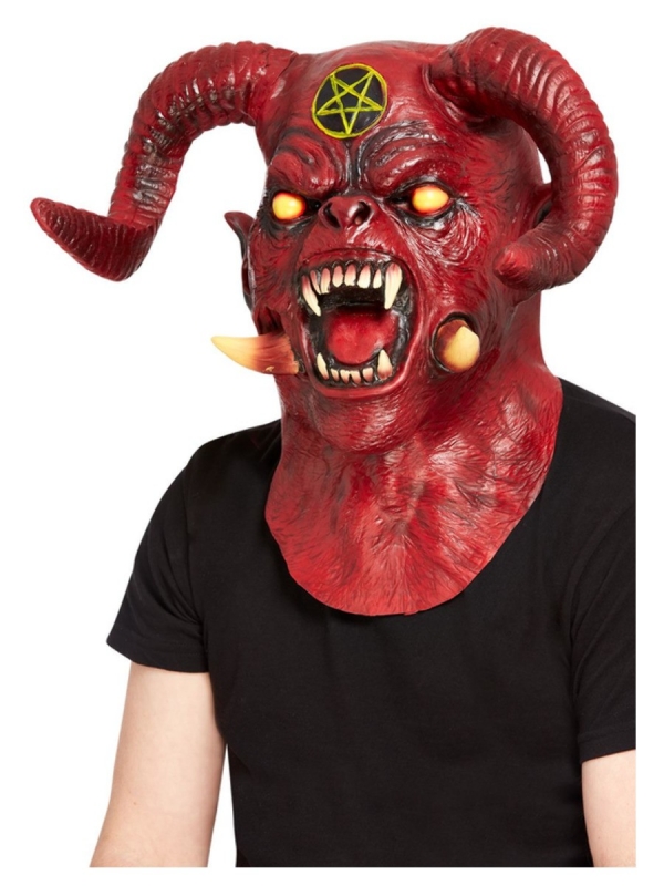 Masque intégral tête et cou diable satanique de luxe, latex