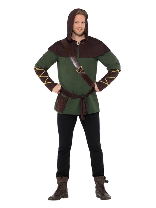 Déguisement de Robin des Bois, Vert et marron, avec tabard, écharpe, ceinture et pèlerine à capuche