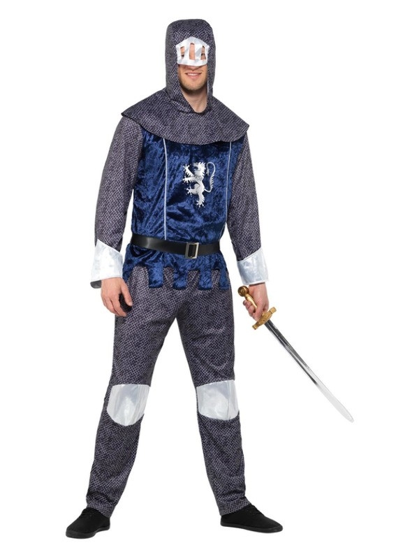 Déguisement de chevalier médiéval, Bleu, avec haut à capuche attachée, ceinture et pantalon