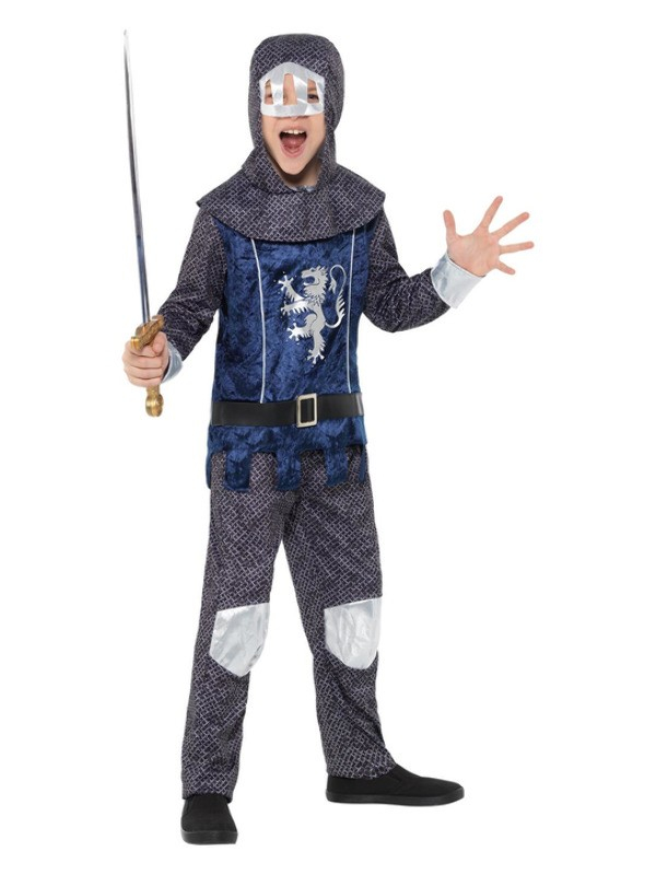 Déguisement de chevalier médiéval pour garçon, Bleu, avec haut à capuche attachée, ceinture et pantalon