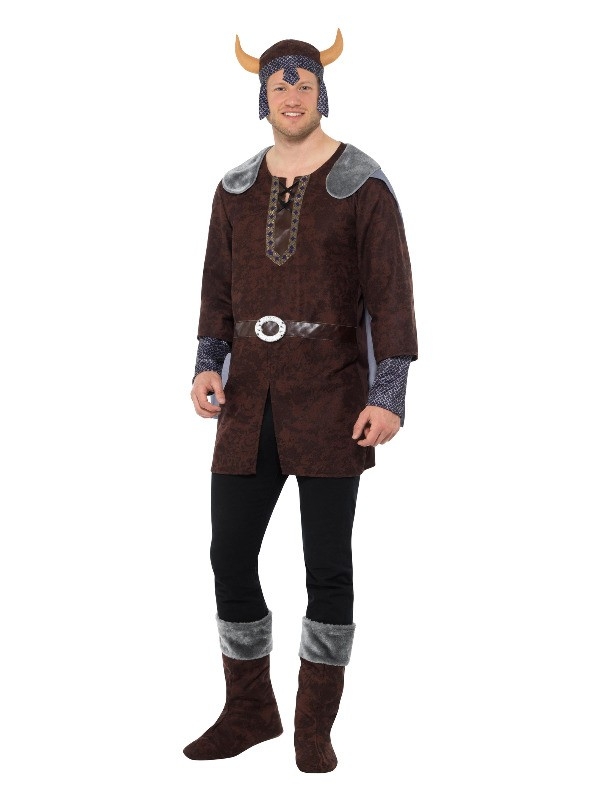 Déguisement de viking pour homme, Marron, avec haut, cape attachée, chapeau et couvre-chaussures