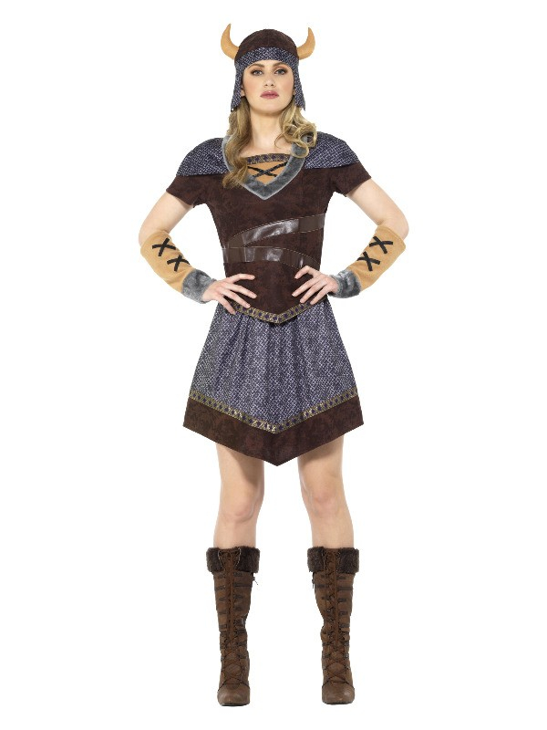 Déguisement de viking femme (haut, jupe, casque et manchettes)
