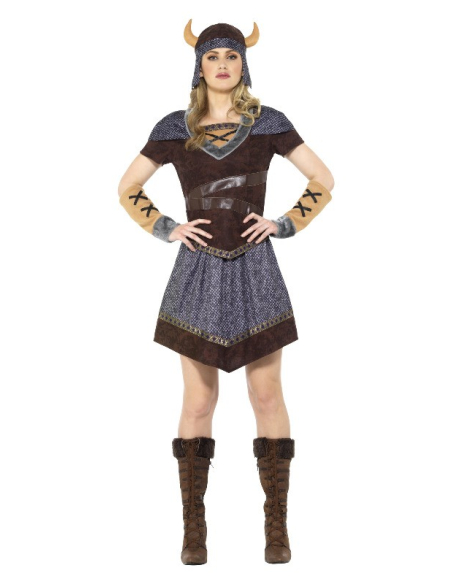 Déguisement de viking femme (haut, jupe, casque et manchettes)