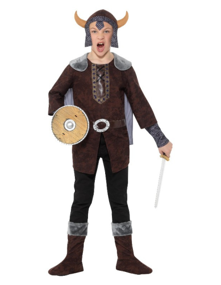 Déguisement de viking pour garçon, Marron, avec haut à cape attachée, chapeau et couvre-chaussures