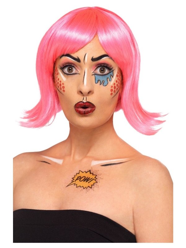 Kit de maquillage style Pop Art, aqua, Multicolore, 5 couleurs, crayon, pochoir, autocollant, brosse, éponge