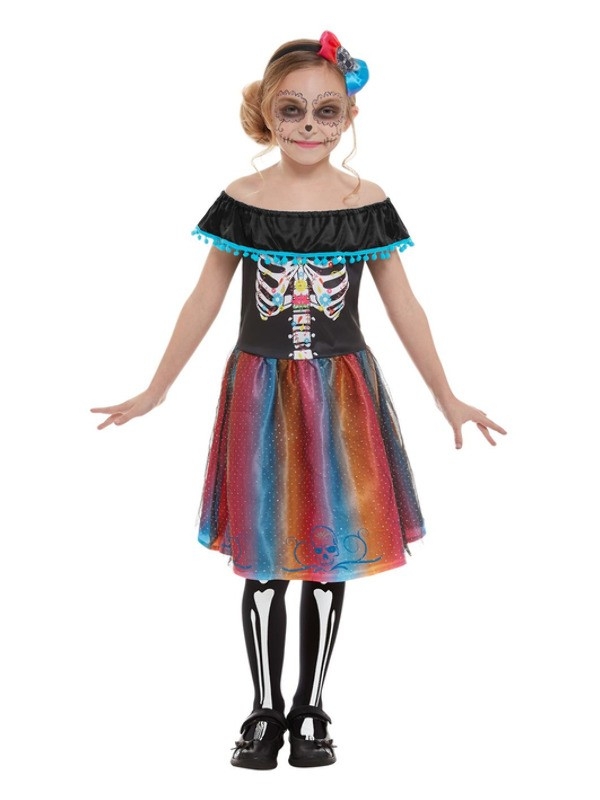 Déguisement fille Jour des morts fluo, Multicolore (robe et bandeau)