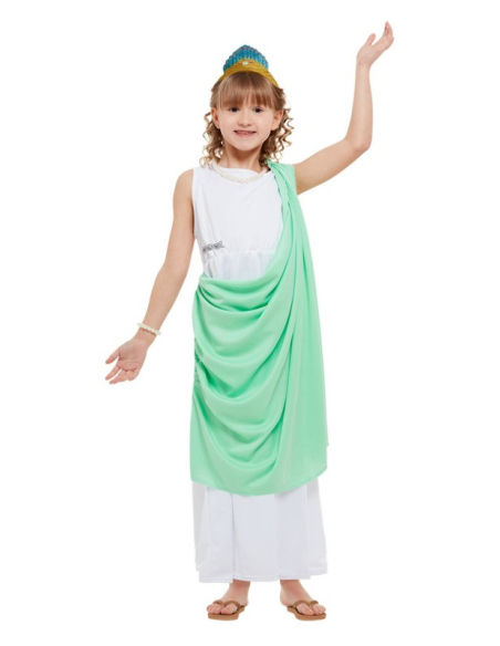 Déguisement de Romaine Horrible Histories, Vert et blanc, avec robe, collier, bracelet et coiffe